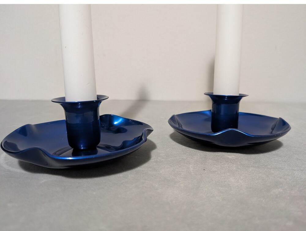 Pair of Electric Blue Metal Taper Candle Holders Ruffled Tulip Drip Pan Set of 2